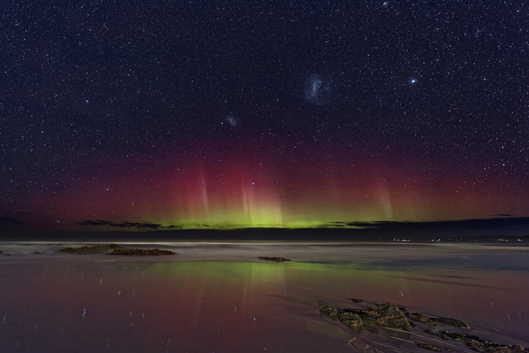 Aurora Australis above Brighton Beach, New Zealand.